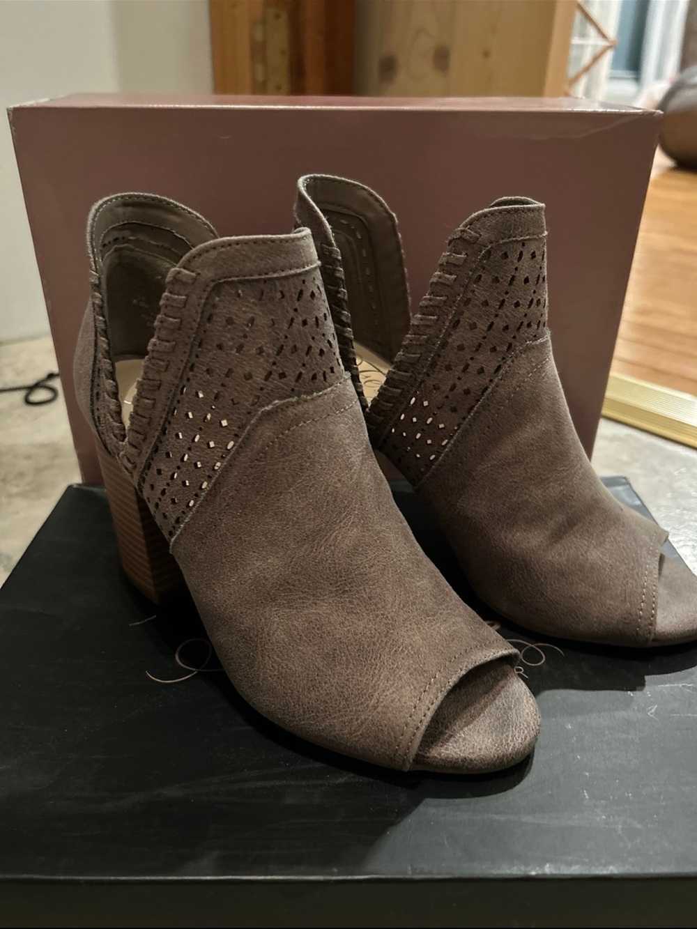 Fergie Taupe Suede Laser-Cut Peep-Toe Ankle Booties